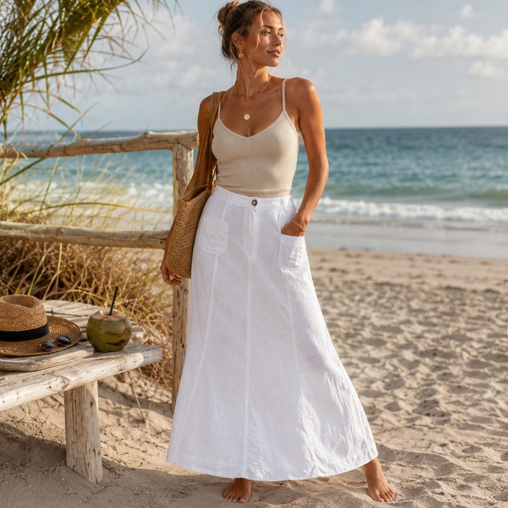 Vintage Y2K Ecologie Linen Maxi Skirt Size 10 White Patch Pockets Coastal Boho